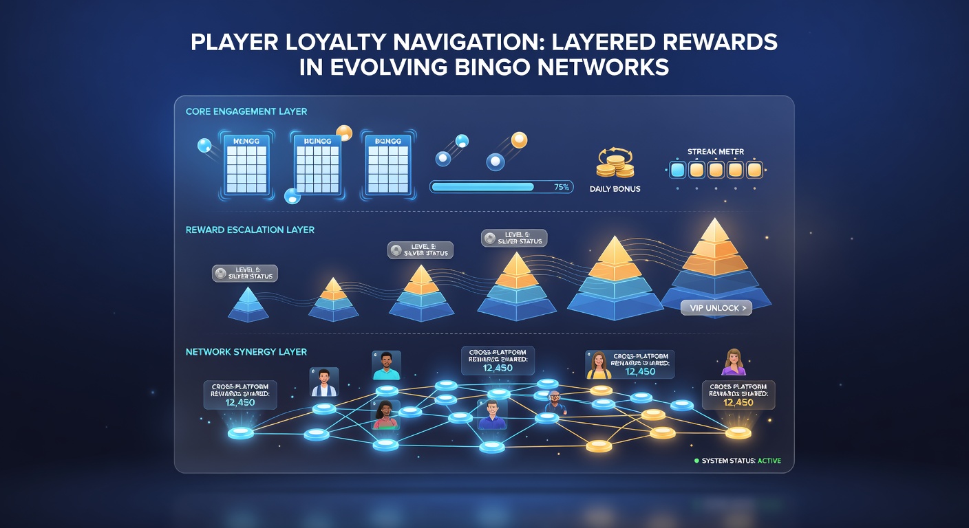 Networked bingo hall interior with digital displays highlighting loyalty tier achievements and reward redemptions
